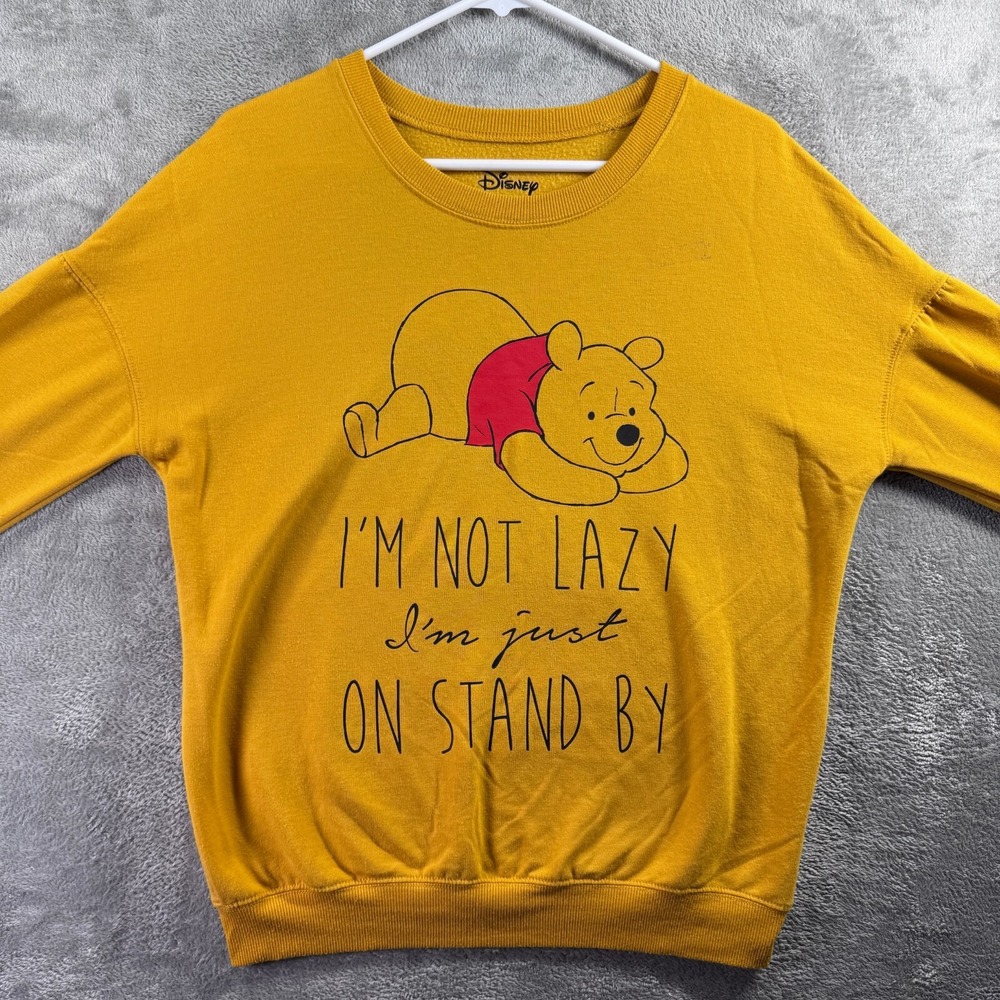 Disney Winnie The Pooh Sweatshirt Womens Medium Yellow Crew Neck Pullover - Picture 10 of 10